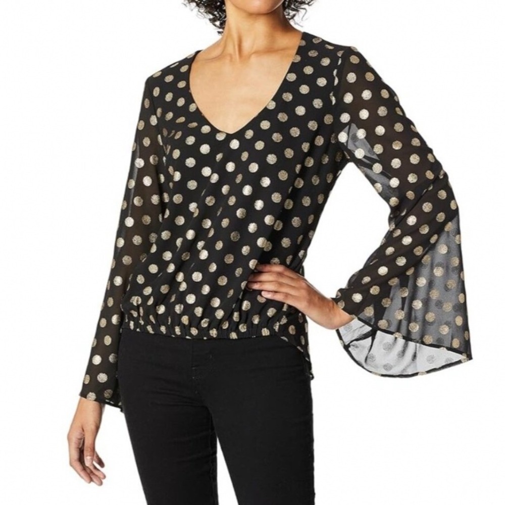 Show Me Your Mumu Mackenzie Top Gold Polka Dot V-Neck Black Small